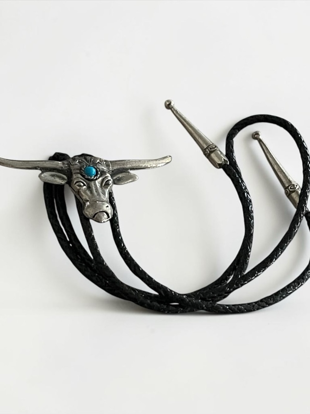Silver Longhorn Turquoise Bolo Tie - Black Cord